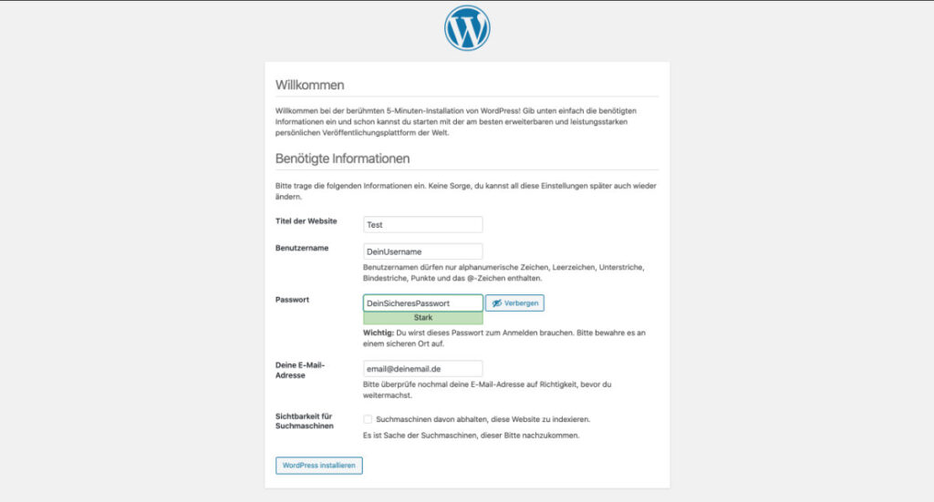 WordPress Installation Benutzerdaten anlegen